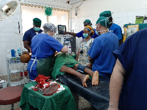 Members of the team performing surgery in the Regional Hospital theatre in Bolgatanga