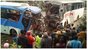 The wreckage of two buses involved in an accident in Ntumgamo District