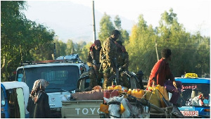 Ethiopian security forces patrol a street