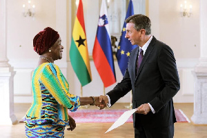 Mrs Eudora Quartey-Koranteng presenting her letters of accreditation to President Borut Pahor