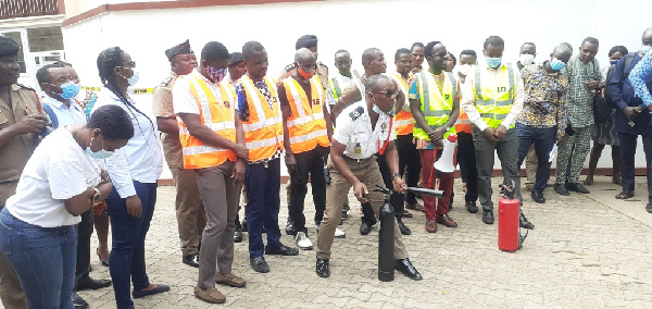 The Fire Service held a simulation exercise for workers at the Ghana Education Headquaters