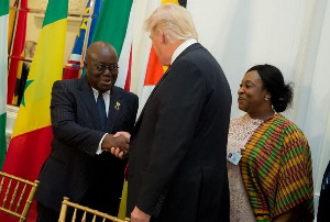 President Akufo-Addo and President Trump shaking hands during a 2017 meeting at the White House