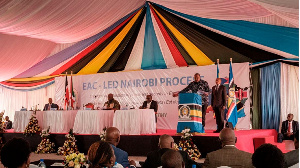 Former Kenya’s President Uhuru Kenyatta speaks during the EA Community-led Nairobi Process